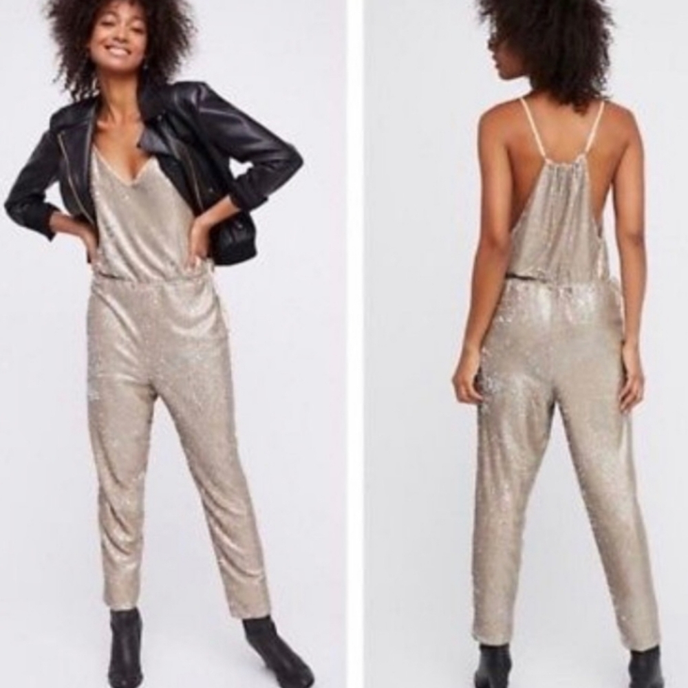 Free People Gold Sequin Jumpsuit V Neck Waistband New Year Event Party
